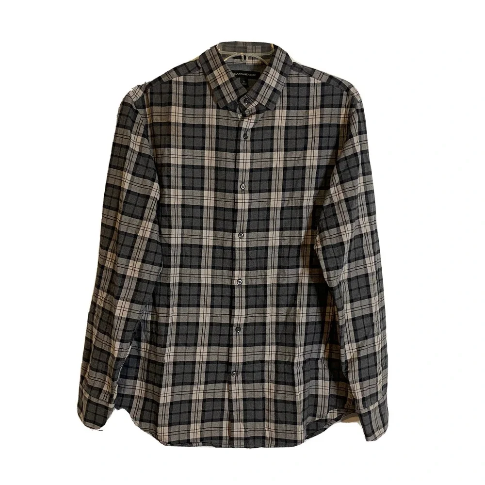 Banana Republic Men Shirt Size M Button Down‎ Gray Plaid Long Sleeve Dress Shirt